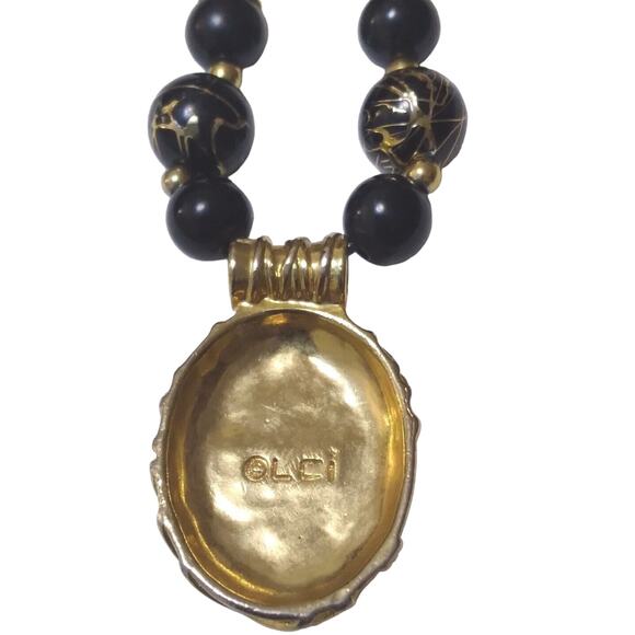VTG Liz Claiborne Necklace 1990s Acrylic Amulet Beads Black And Gold Tone 11.5" - Picture 4 of 8